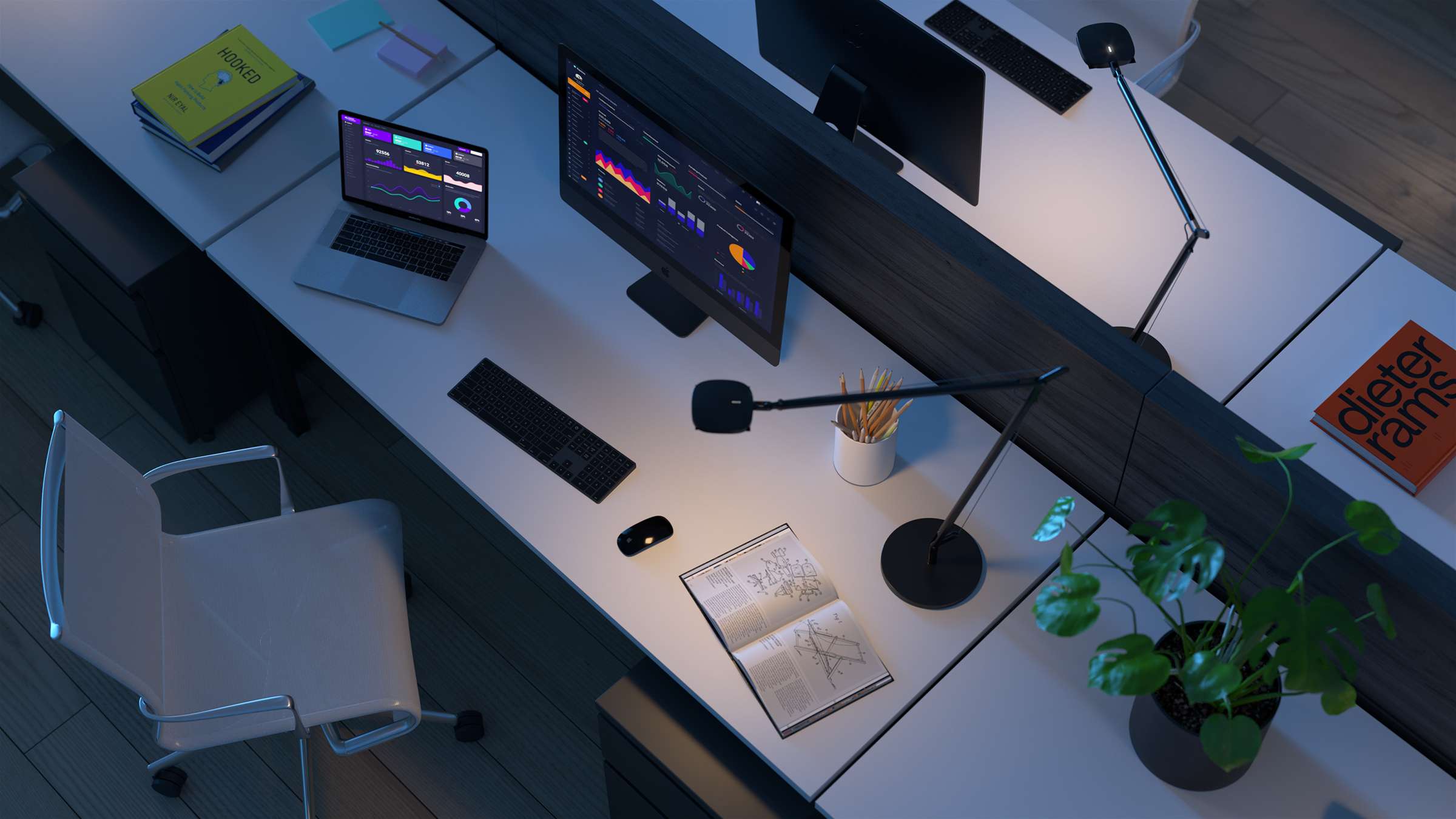 office desk night render