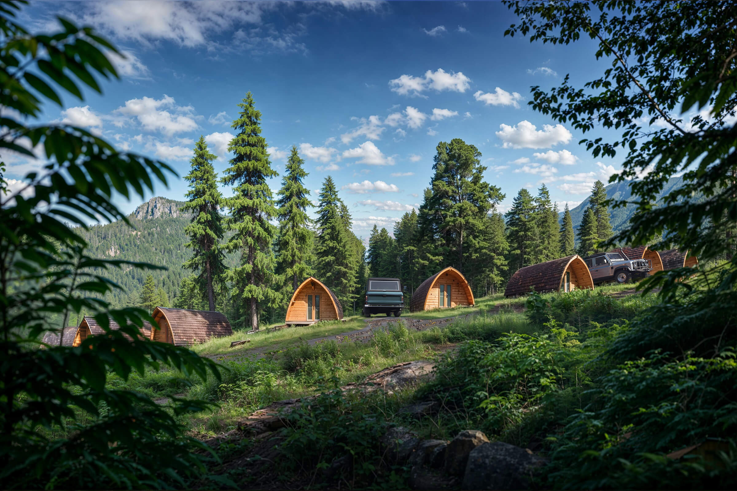 rendering of cabins in the woods with blue sky